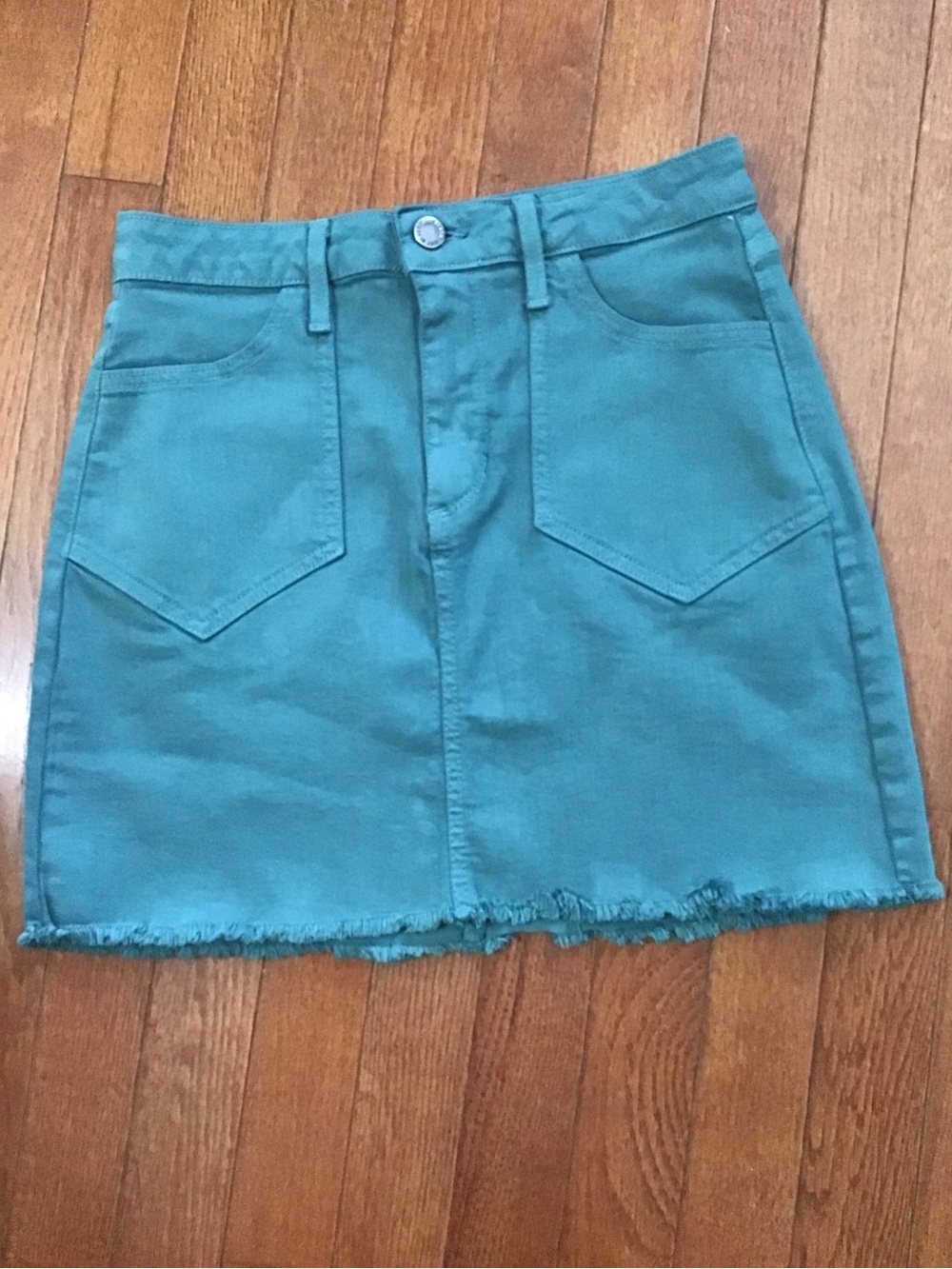 Just Black Teal A-Line stretch denim Mini Skirt with Front Pockets